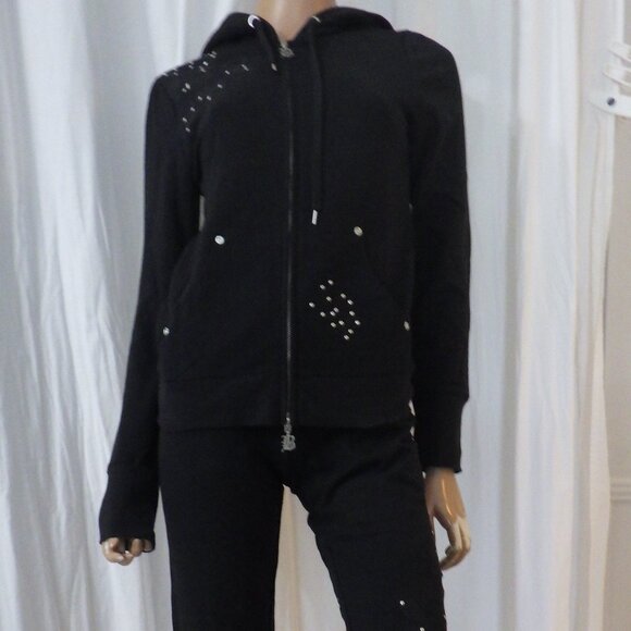NWT BCBG sz SM MED LG XL BLK ON BLK APPLIQUE 100% COTTON 2 PIECE TRACKSUIT - Picture 2 of 16